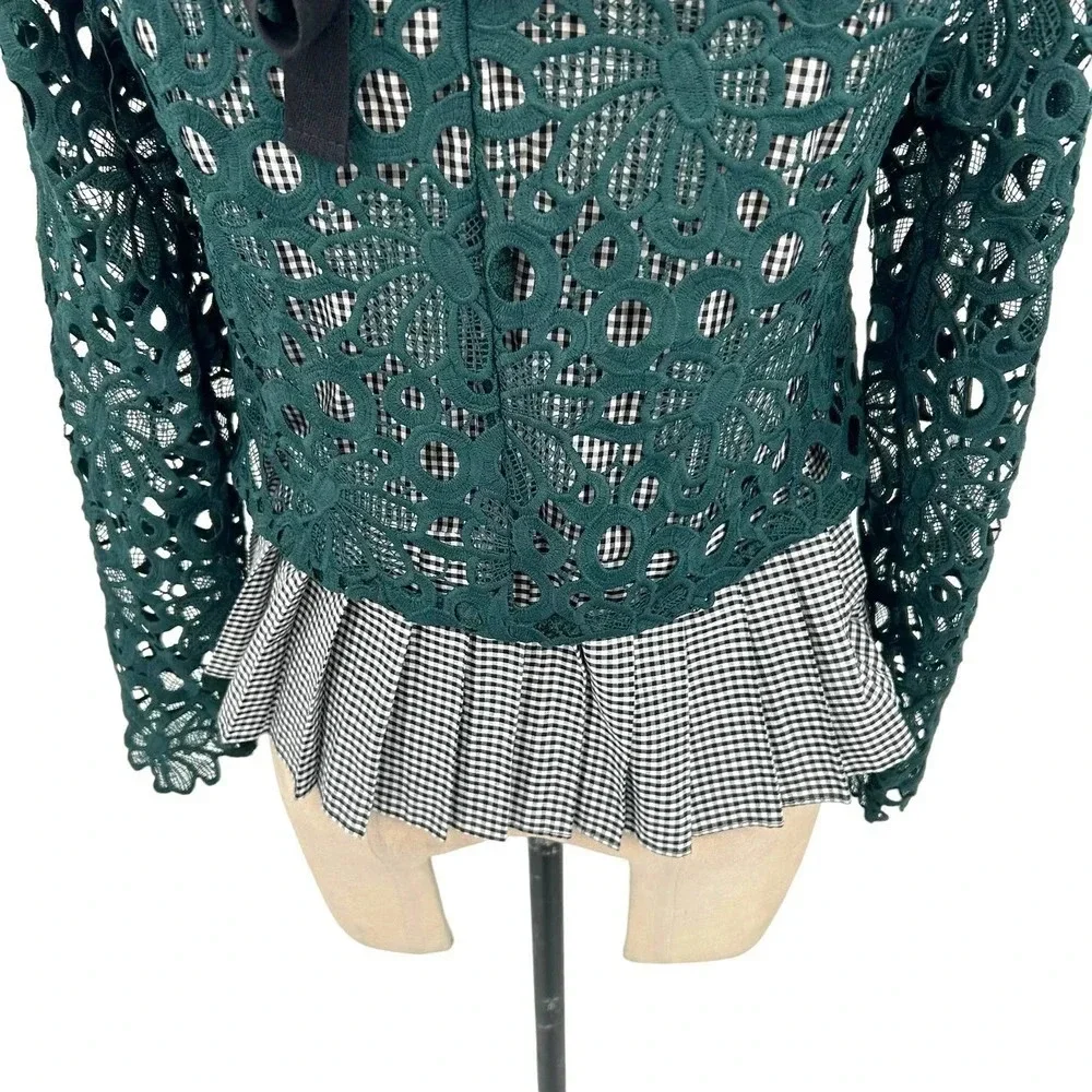 Anthropologie Maeve‎ Gabriella Top Blouse Peplum Gingham Lace Green Size XS